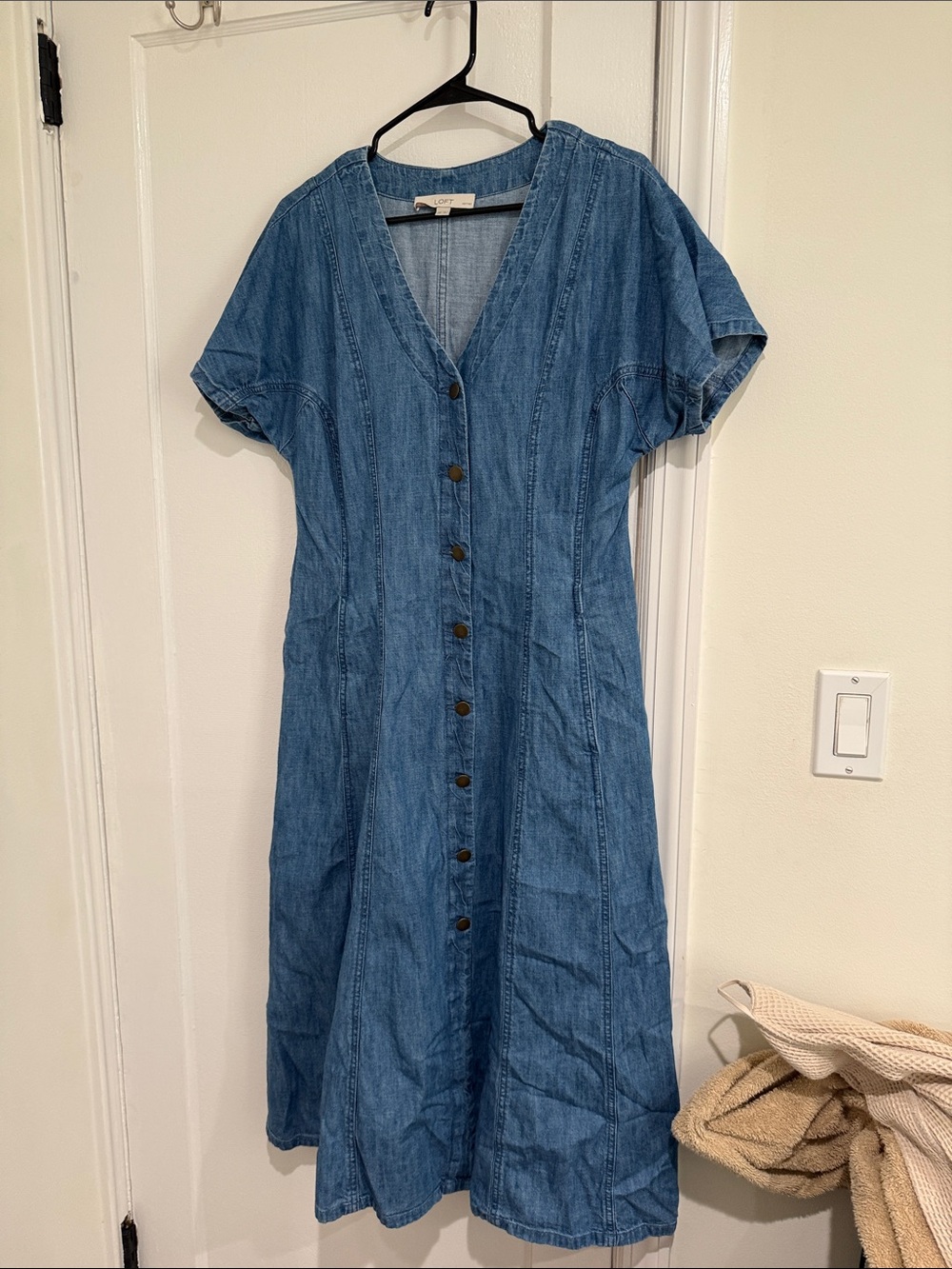 LOFT Blue Denim Button-Front Midi Dress